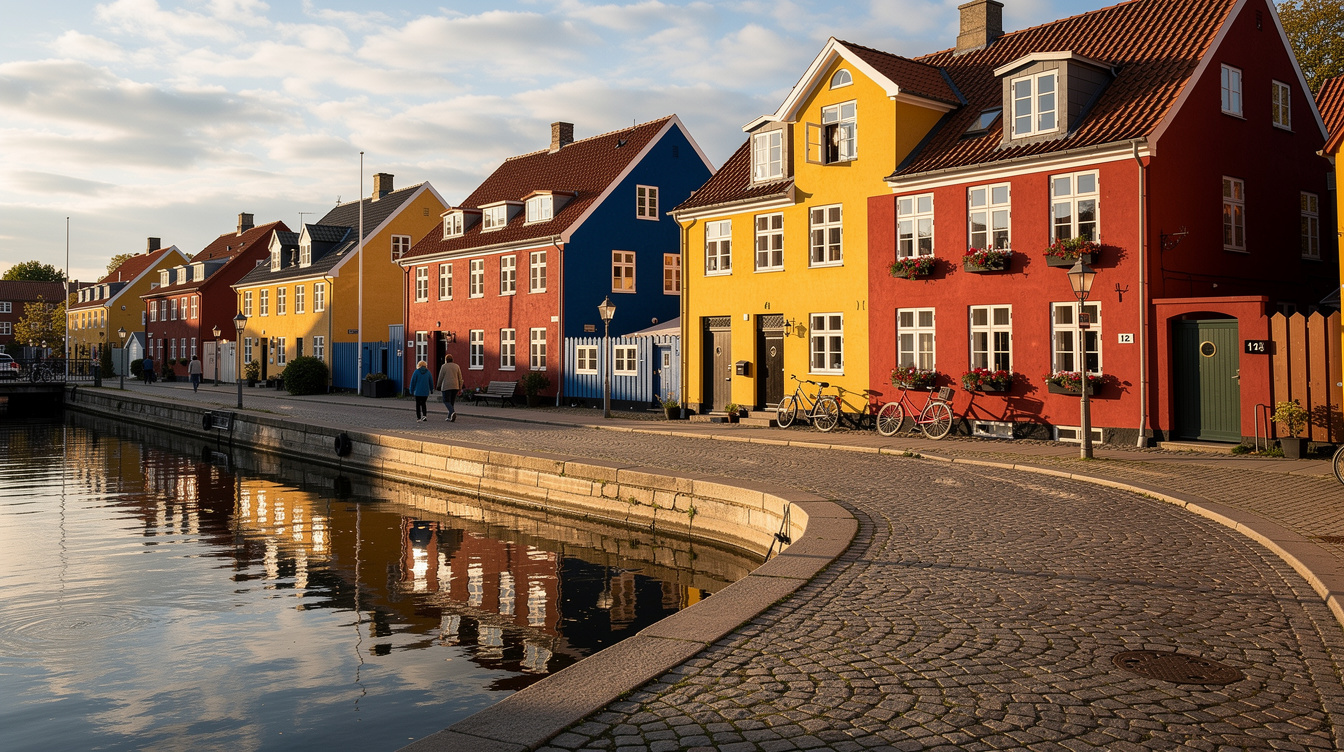 Colorful houses along a canal in a small Danish town